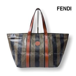 Fendi Roma Authentic Vintage Brown Pequin Stripe Coated Leather & Gold Tote Bag